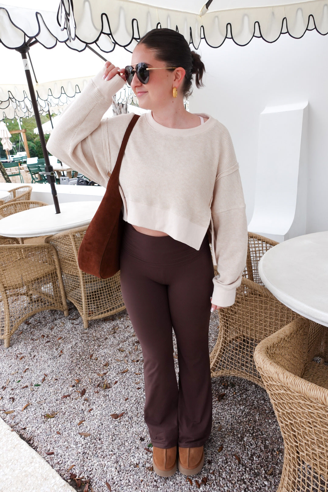 Fold-Over Flare Leggings - Brown